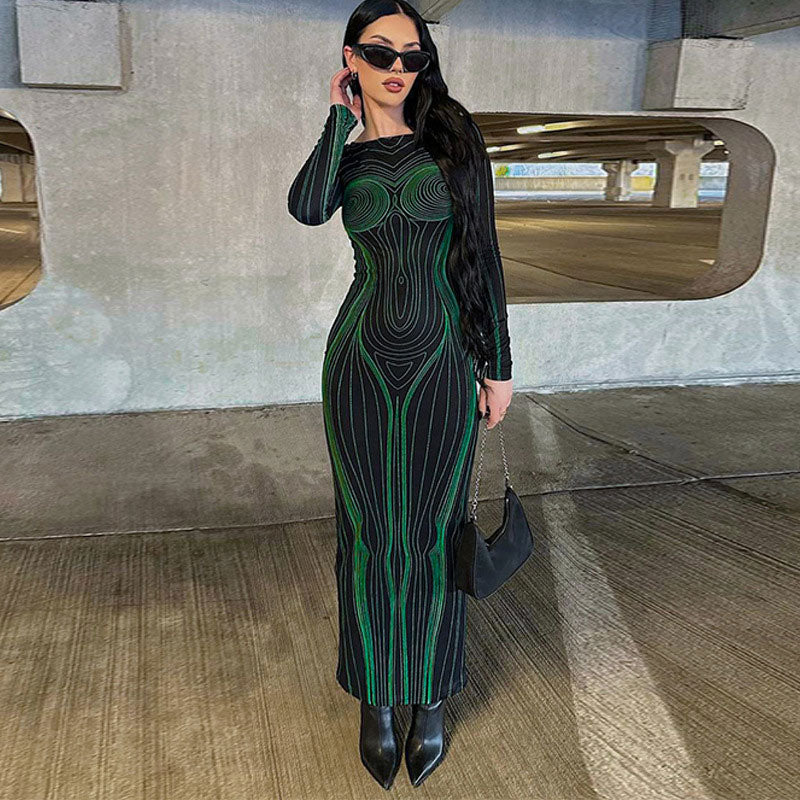 Body Print Cut Out Long Sleeve Party Maxi Dress - Green