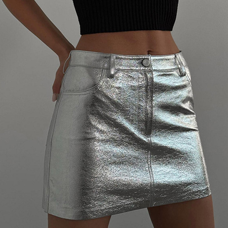 Effect Single Button High Waist Bodycon Mini Skirt - Silver