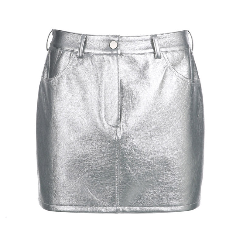 Effect Single Button High Waist Bodycon Mini Skirt - Silver