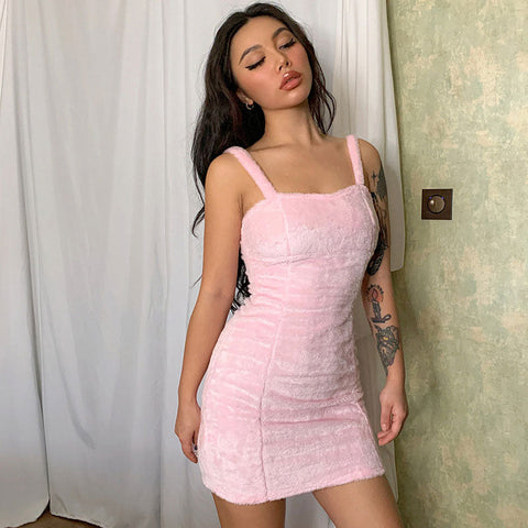 Vestido mini ajustado sin mangas de color liso con pelo peludo - Rosa