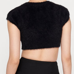Short Sleeve Ribbed Crop Cardigan - Black