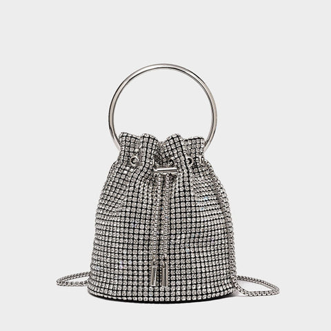 Crystal Embellished Crossbody Party Bucket Bag - Silver