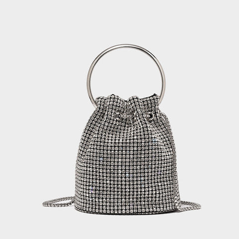 Crystal Embellished Crossbody Party Bucket Bag - Silver