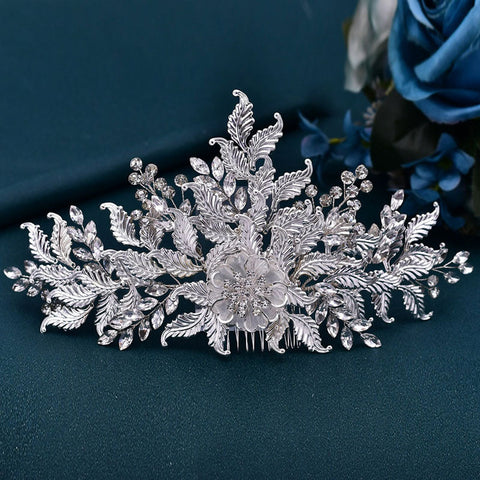 Flower Trim Embossed Leaf Rhinestone Embellished Hair Comb - Silver