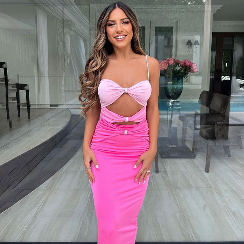 Crystal Spaghetti Strap Knot Cutout Prom Maxi Derss - Pink