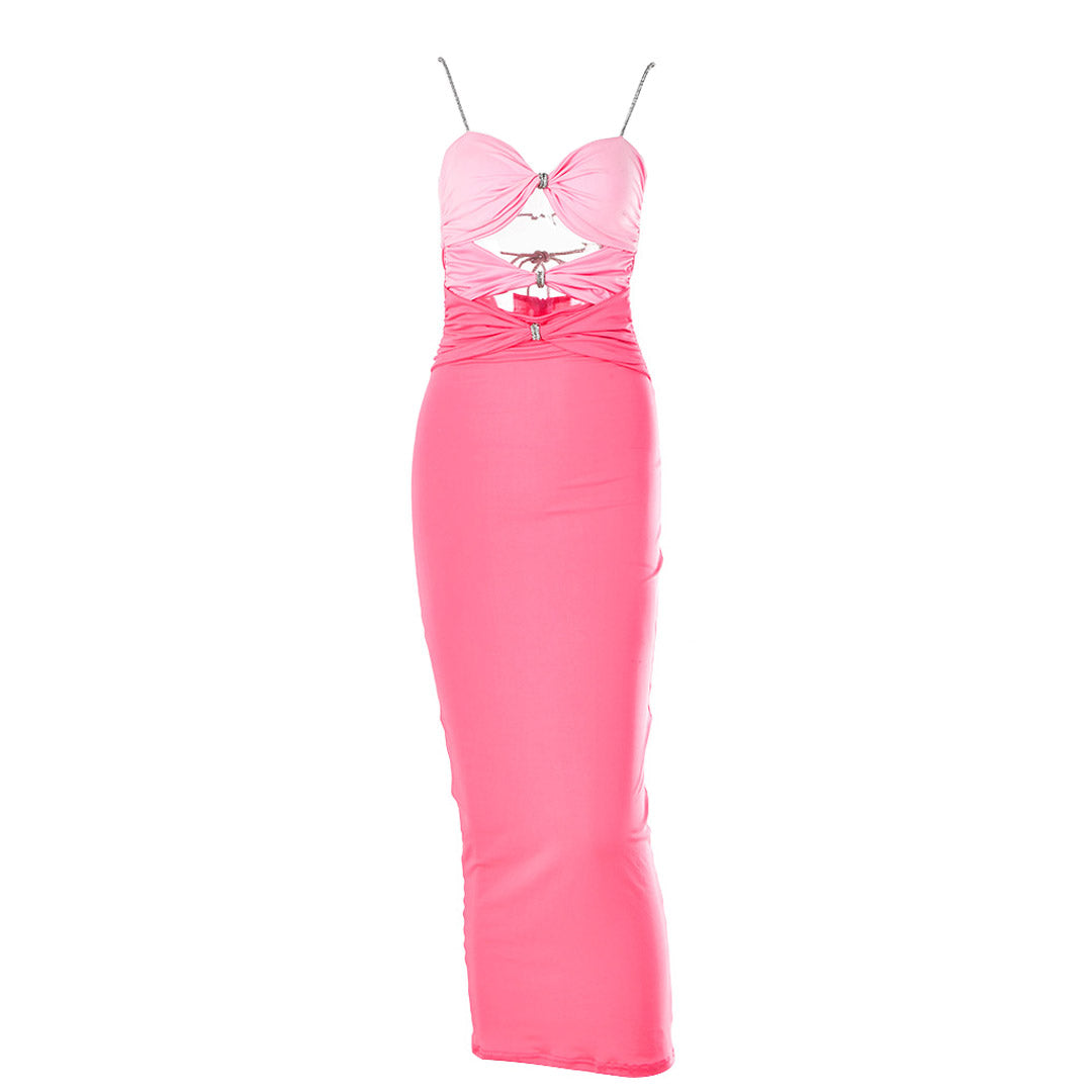 Crystal Spaghetti Strap Knot Cutout Prom Maxi Derss - Pink