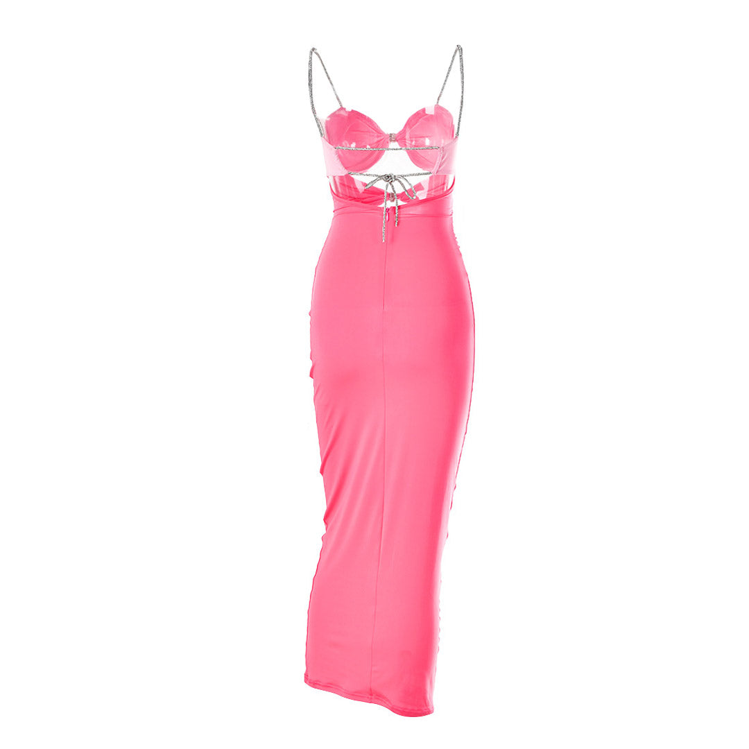 Kristall Spaghettiträger Knoten Cutout Maxi Ballkleid - Pink