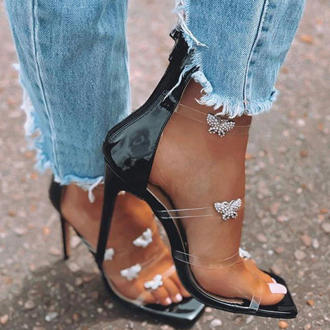 Butterfly Trim Strappy Square Toe High Heel Sandals - Black