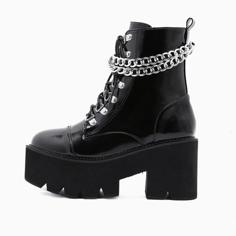 Chain-Link Lace Up Chunky Heel Platform Boots - Black