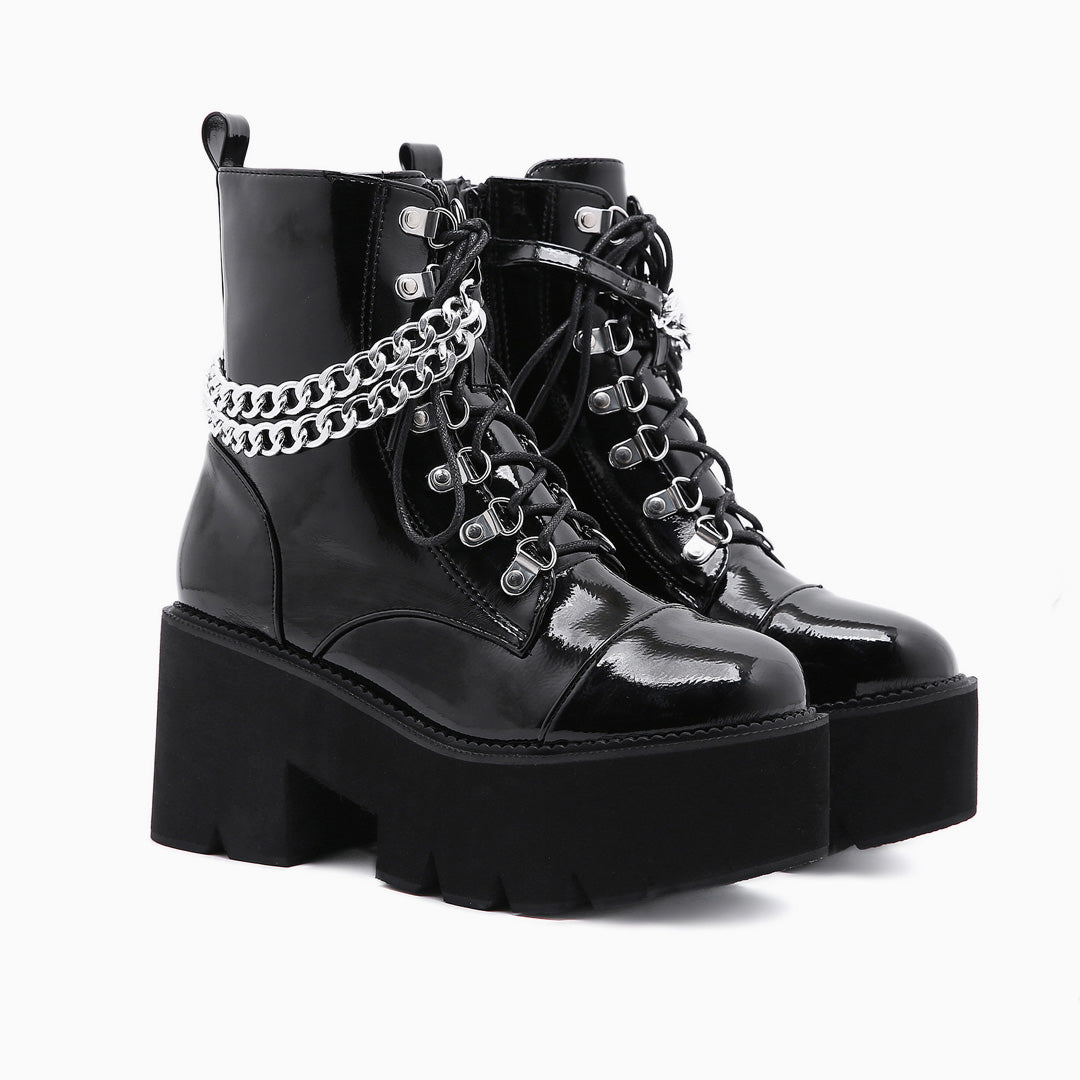 Chain-Link Lace Up Chunky Heel Platform Boots - Black
