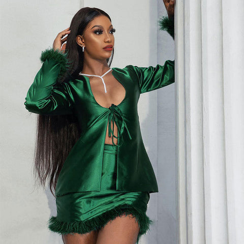 Fur Tie Front Top Bodycon Mini Skirt Matching Set - Emerald Green