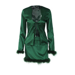 Fur Tie Front Top Bodycon Mini Skirt Matching Set - Emerald Green
