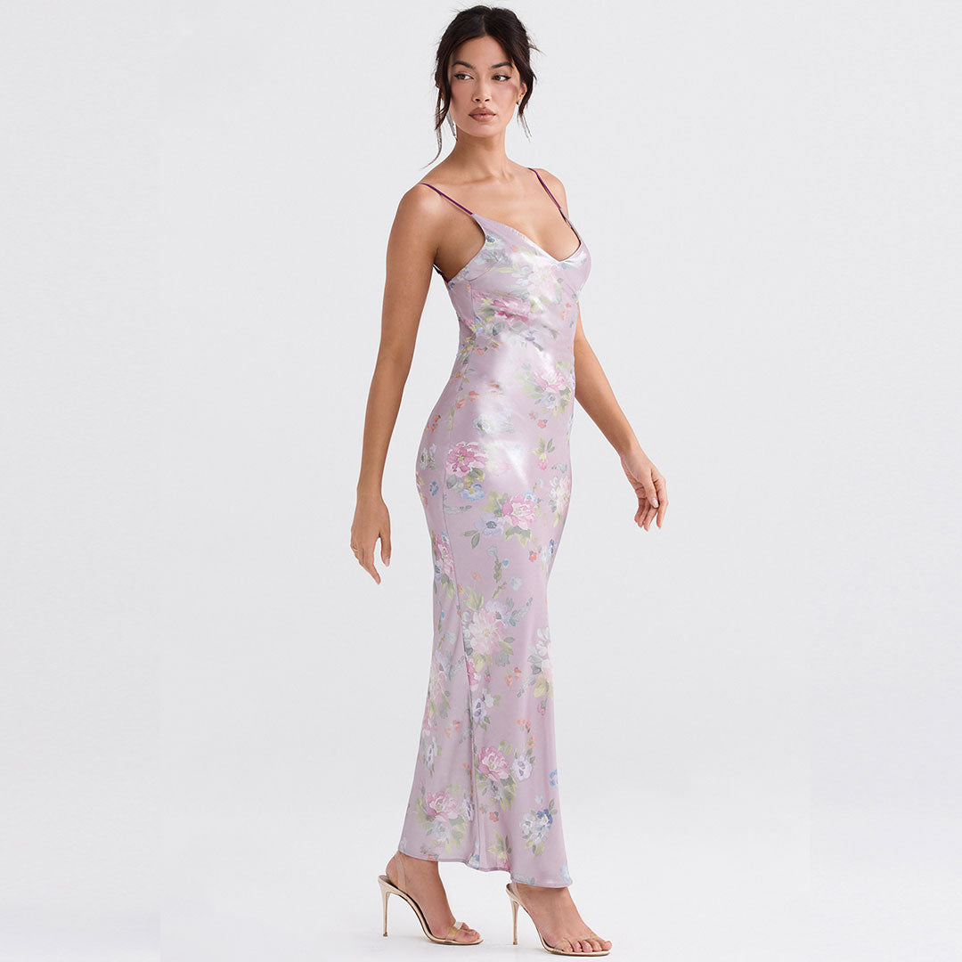 Flower Print V Neck Sleeveless Bodycon Maxi Dress - Pink