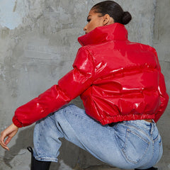 Long Sleeve Cropped Down Puffer Coat - Red