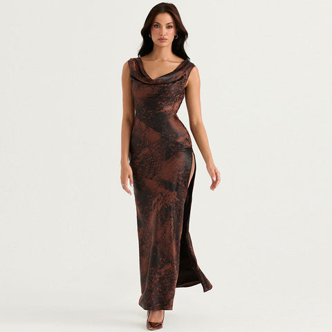 Abstract Print High Split Cowl Neck Sleeveless Maxi Dress - Brown