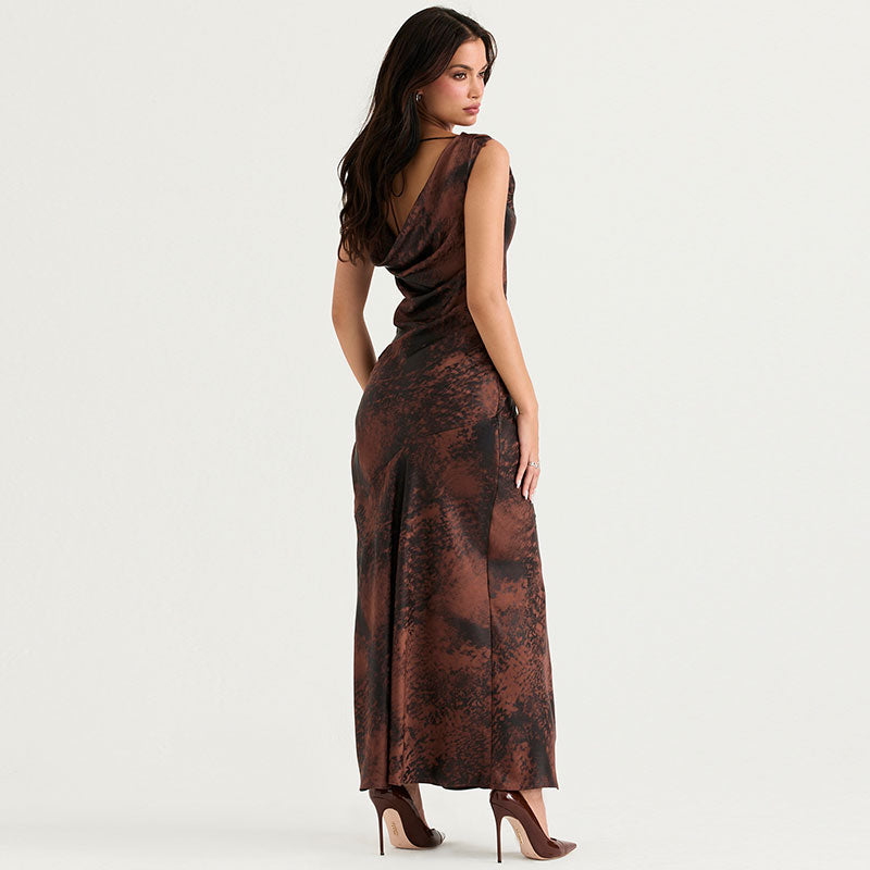 Abstract Print High Split Cowl Neck Sleeveless Maxi Dress - Brown