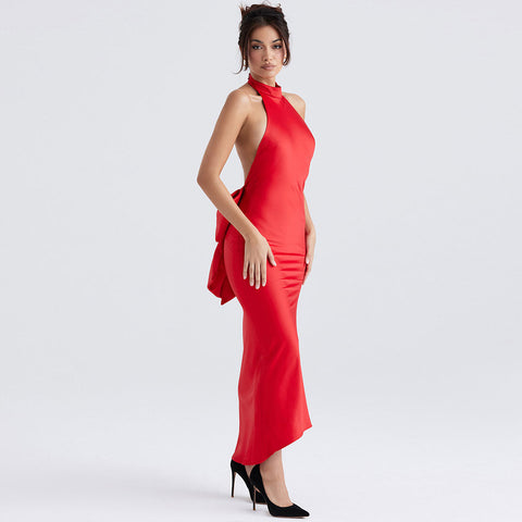 Bowknot Fishtail Sleeveless Evening Maxi Dress - Red