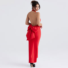 Bowknot Fishtail Sleeveless Evening Maxi Dress - Red