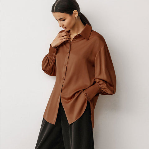 Bishop Sleeve Pointed Collar Shirt - Brown