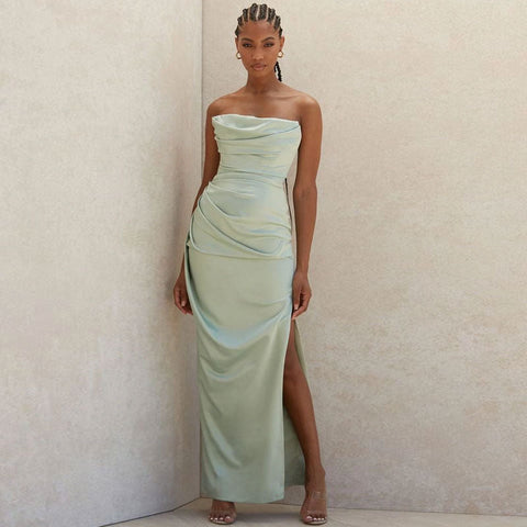 Cowl Neck Strapless Slit Maxi Evening Dress - Green