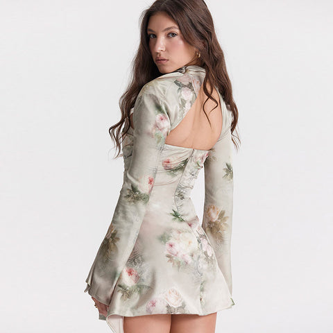 Flower Print Cutout Ruched Trim Long Sleeve Mini Dress - Floral