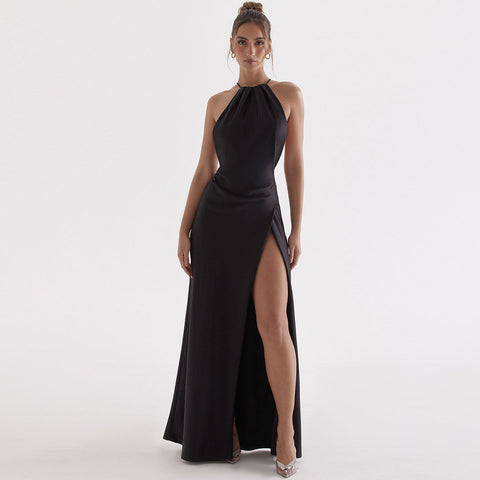 Ärmelloses Maxi-Abendkleid mit hohem Schlitz - Schwarz