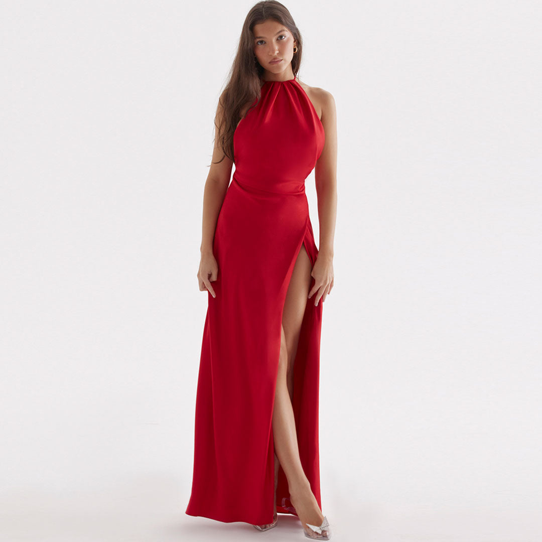 High Split Sleeveless Evening Maxi Dress - Red