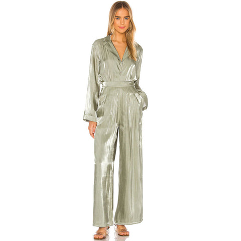 Long Sleeve Blouse Wide Leg Pant Matching Set - Green