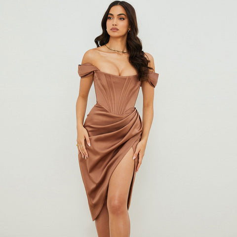 Off Shoulder Draped Corset Cocktail Midi Dress - Chocolate