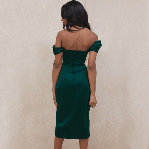 Off Shoulder Draped Corset Cocktail Midi Dress - Emerald Green