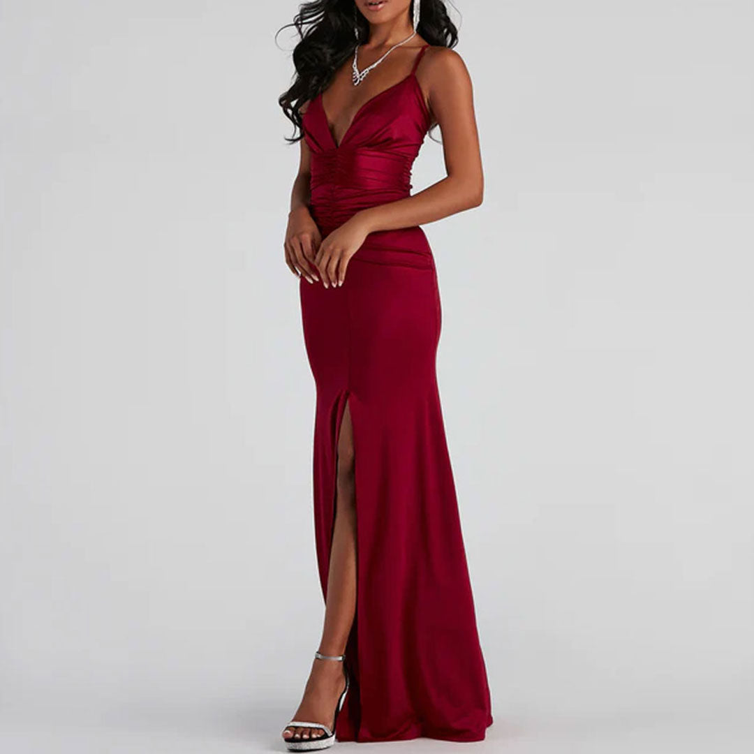 V High Slit Maxi Dress - Red