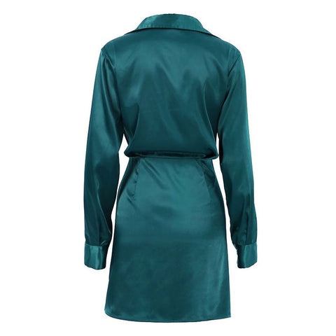 V Neck Long Sleeve Shirt Mini Dress - Teal Green