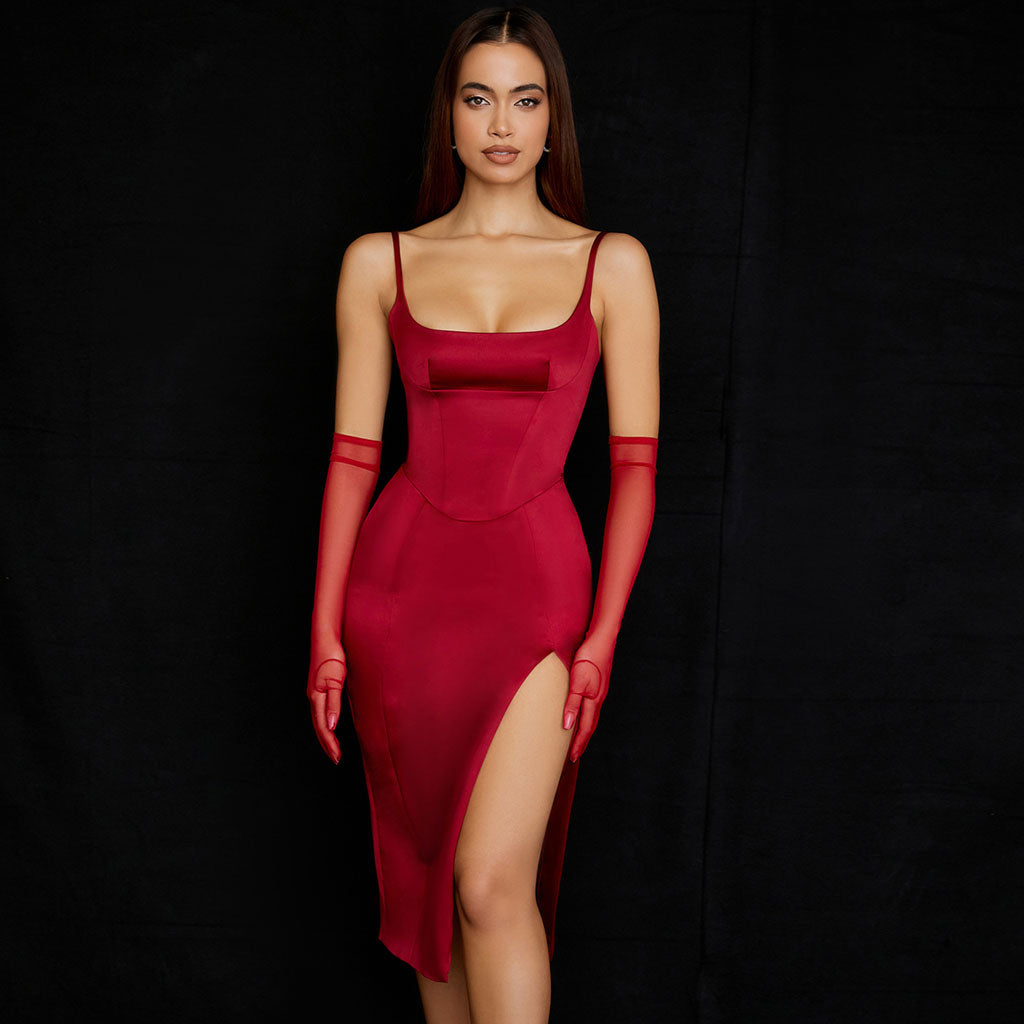 Vestido de cóctel midi con abertura alta - Rojo