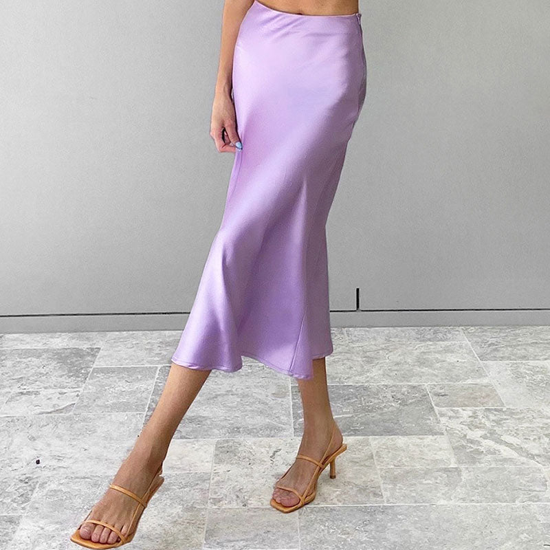 Side Zipper Fishtail Trim High Waist Midi Skirt - Lilac