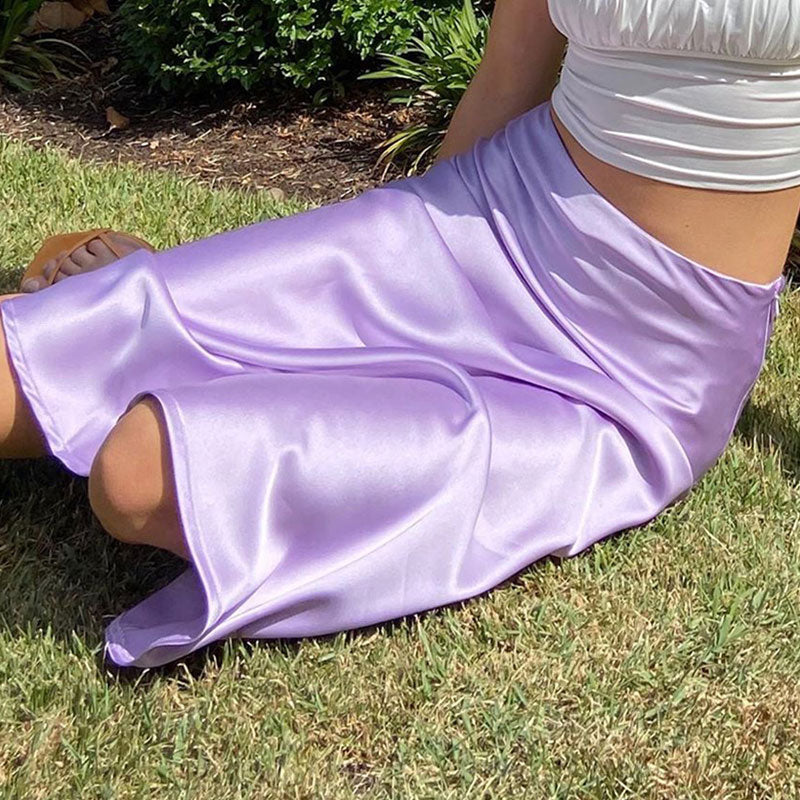 Side Zipper Fishtail Trim High Waist Midi Skirt - Lilac