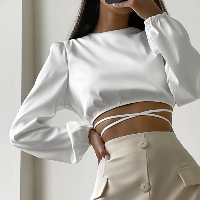 Long Sleeve Crew Neck Wrapped Crop Top - White