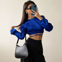 Long Sleeve Crew Neck Wrapped Crop Top - Royal Blue