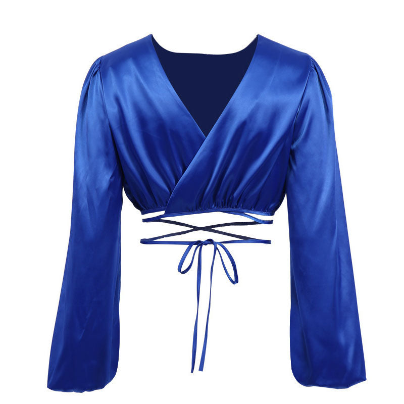 Long Sleeve Crew Neck Wrapped Crop Top - Royal Blue