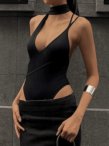 Gloves Design Irregular Halter Black Bodysuit