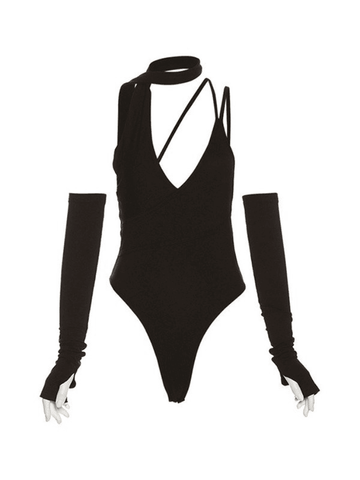 Gloves Design Irregular Halter Black Bodysuit