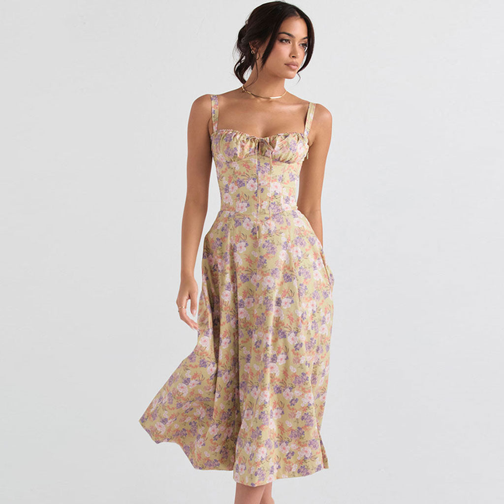 Midi-Sommerkleid mit Blumenmuster, Schnürung hinten und Schlitz - Grün