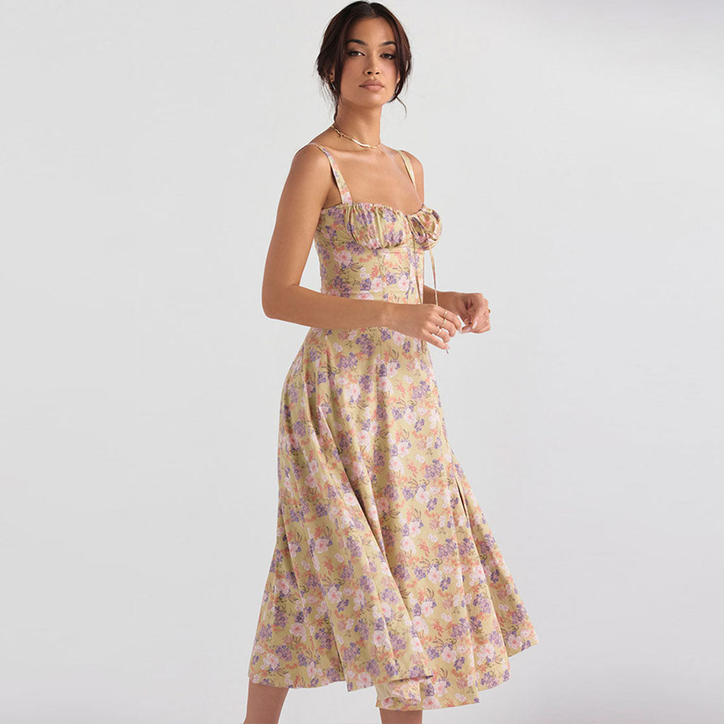 Midi-Sommerkleid mit Blumenmuster, Schnürung hinten und Schlitz - Grün