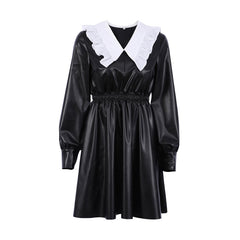Peter Pan Long Sleeve Mini Dress - Black
