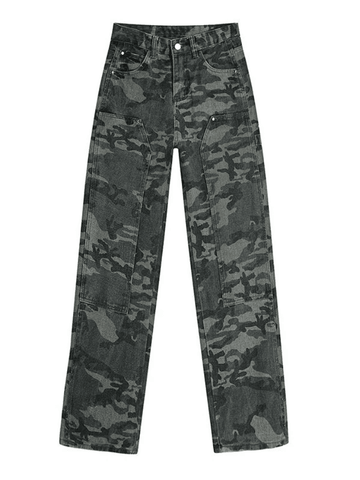 Grüne, gewaschene Cargo-Jeans mit Camouflage-Muster