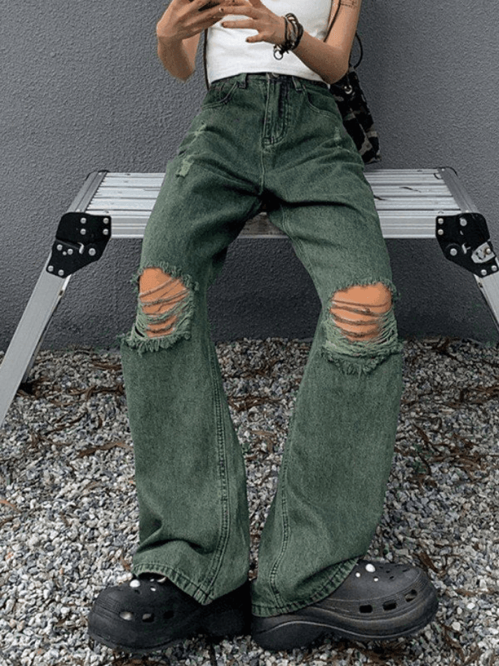 Green Wash Knee Ripped Jeans