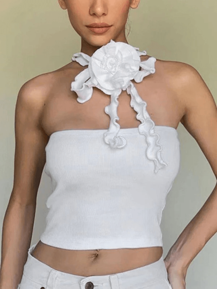 Neckholder-Crop-Top mit Blumenmuster und Rippenmuster