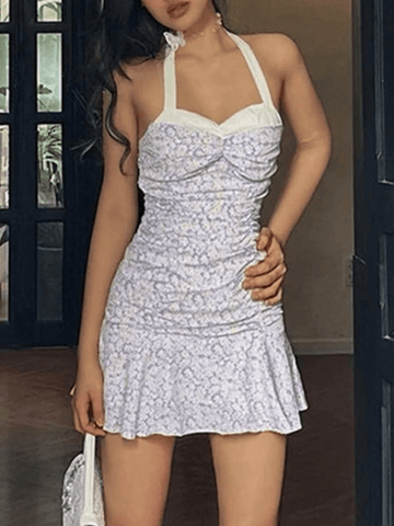 Halter Neck Contrast Color Floral Dress