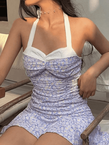 Halter Neck Contrast Color Floral Dress