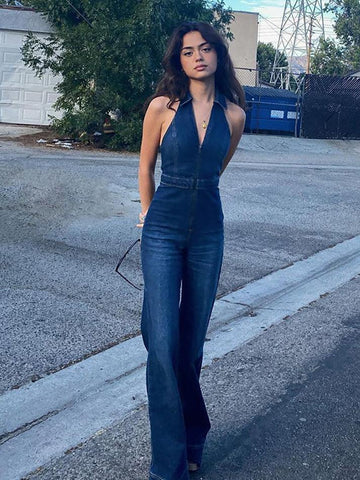 Halter Neck Denim Jumpsuit