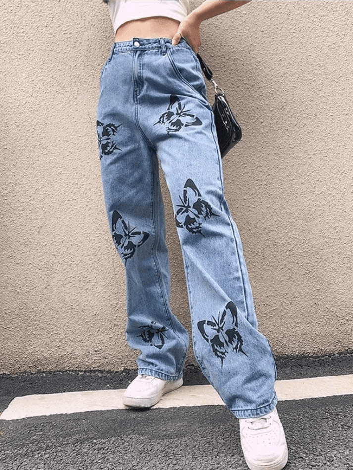 Boyfriendjeans mit Schmetterlings-Print und hoher Taille